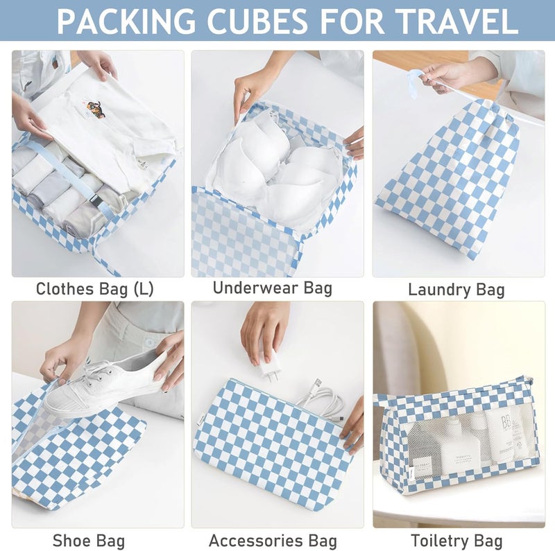 KPX 8 Set Packing Cubes for Travel, Luggage Packing Organizers Accessories Large Toiletries Bag for Clothes Shoes Cosmetics (Blue Checkered) - Image 4